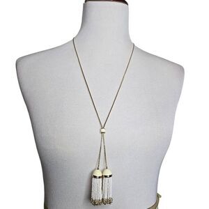 Talbots Double Adjustable Slider Tassle Chain Pendant Necklace Gold White Cream